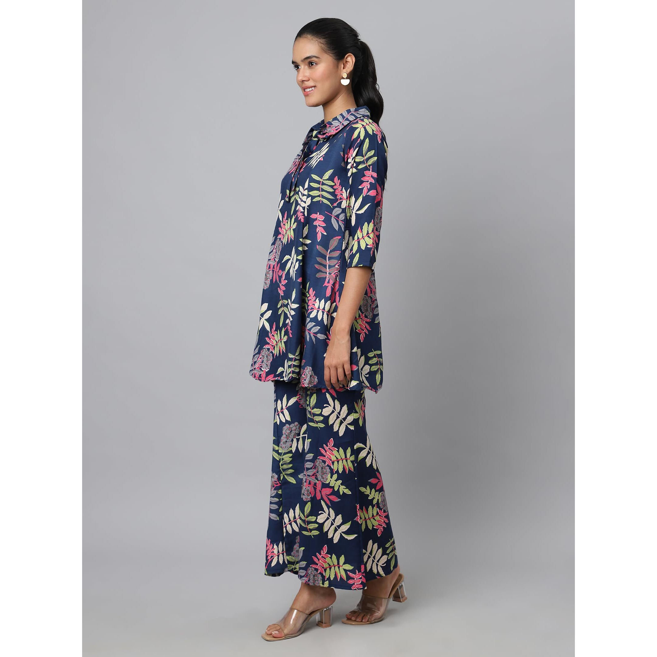 Shasmi Soft Maslin Silk V Neck Co-Ords Set For Women's | Printed Shirt & Bottom Set For Women | Suit Set | Two Piece Dress (Co-Ods 84 N Blue M)