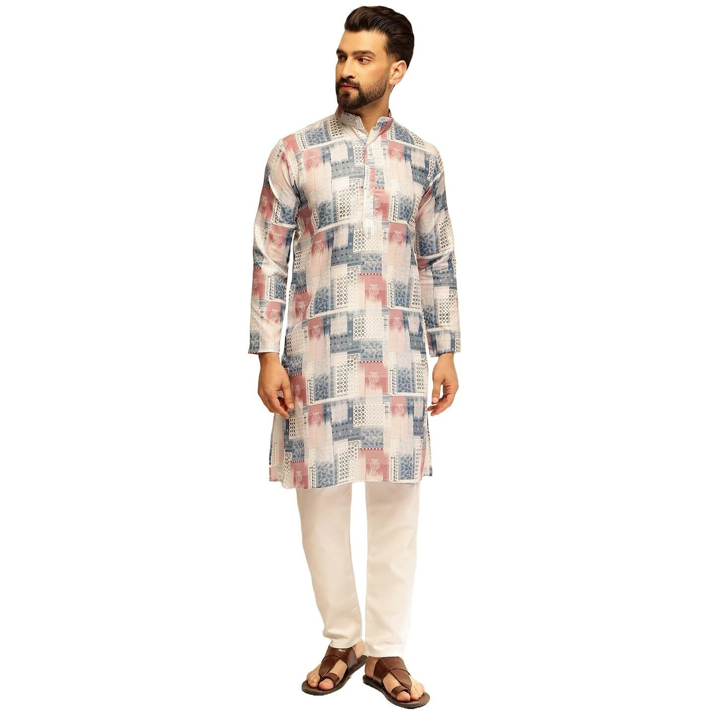 Sojanya (Since 1958 Men's Cotton Linen Geometric Print White & Multi Kurta With White Pyjama