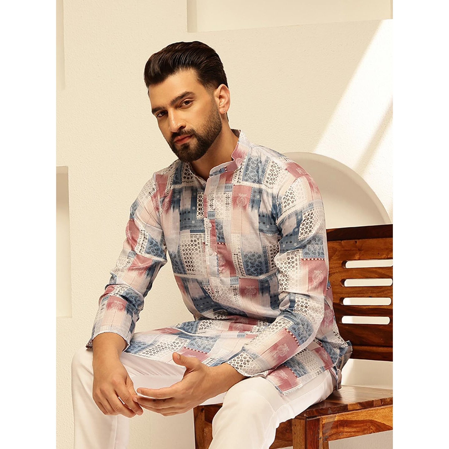 Sojanya (Since 1958 Men's Cotton Linen Geometric Print White & Multi Kurta With White Pyjama