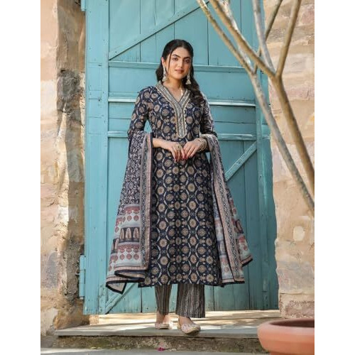 Nainvish Women's Viscose Rayon Printed Straight V-Neck Kurta Pant With Dupatta (Sd714_Kbd-Xl_Blue)