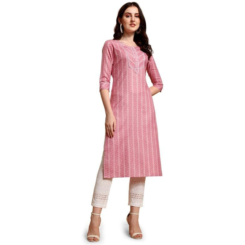 Nainvish Women's Cotton Blend Straight Round Neck Printed Kurta (Sd420_K-Xl._Pink)
