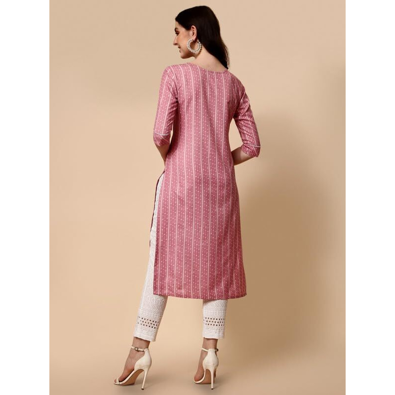 Nainvish Women's Cotton Blend Straight Round Neck Printed Kurta (Sd420_K-Xl._Pink)