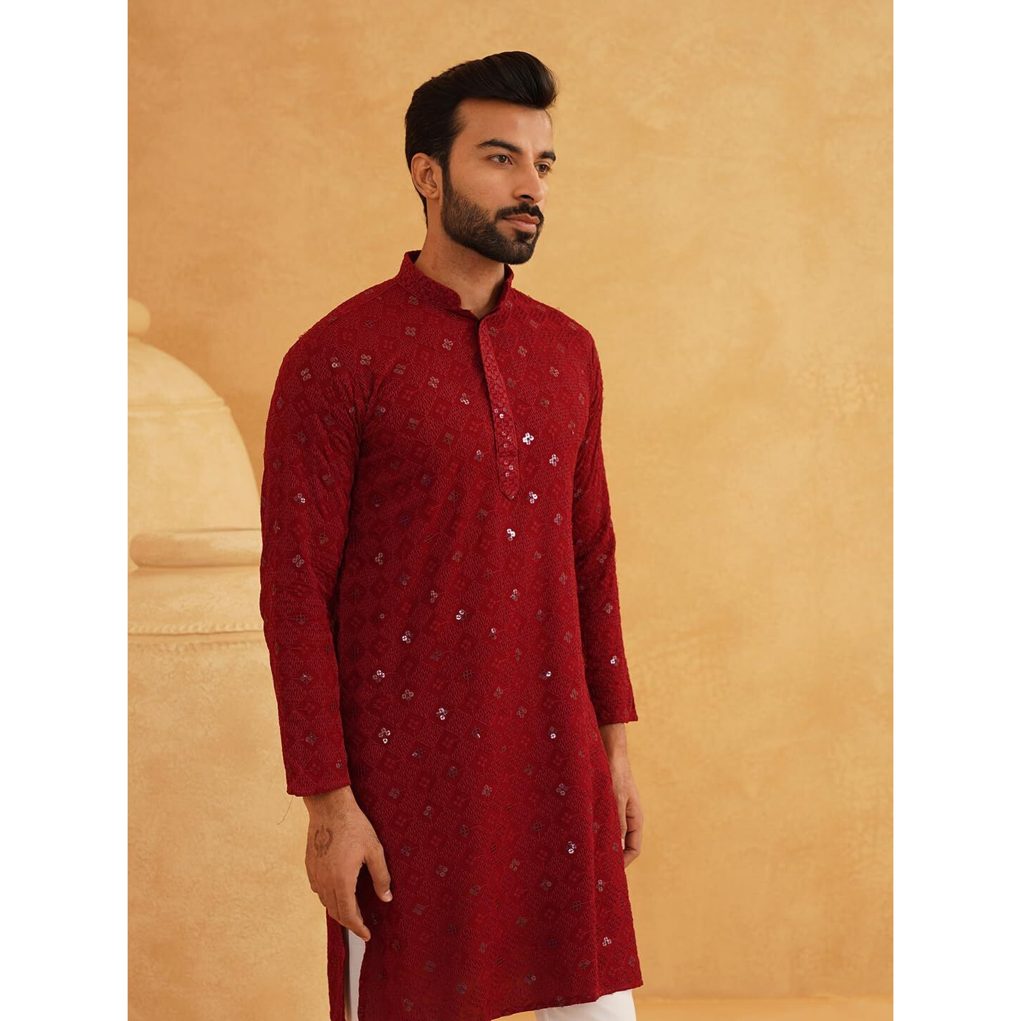 Sojanya (Since 1958 Men's Cotton Embroidered Sequinned Maroon Long Kurta Size 44