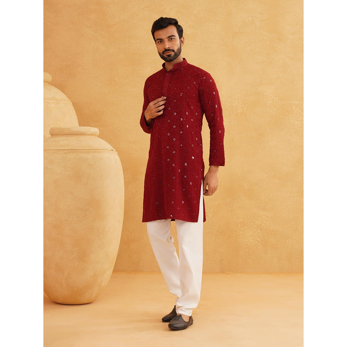 Sojanya (Since 1958 Men's Cotton Embroidered Sequinned Maroon Long Kurta Size 44