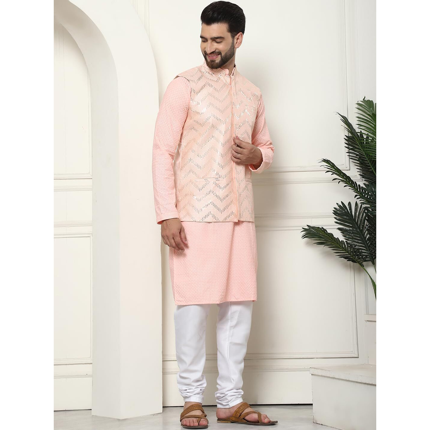 Sojanya (Since 1958 Men's Pure Cotton Peach Kurta And White Pyjama With Sequins Pink Nehru Jacket