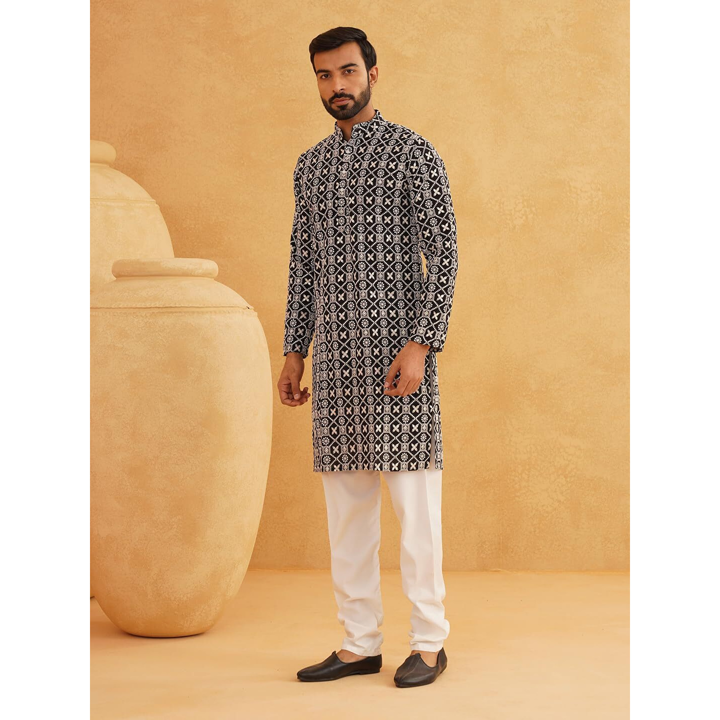 Sojanya (Since 1958 Men's Cotton Gold Sequence Embroidered Black Kurta With White Churidaar Pyjama