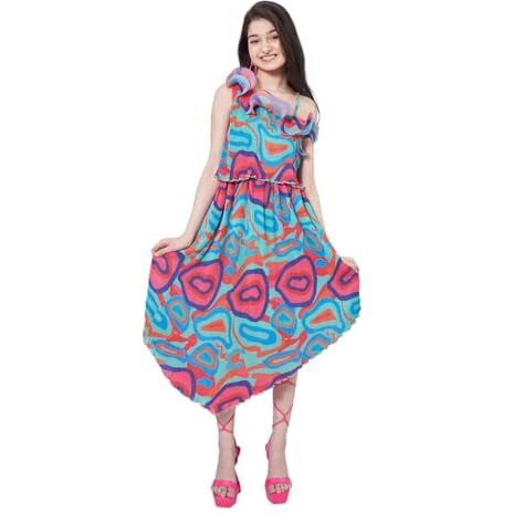 Pspeaches Girl's Abstract Printed One Shoulder Georgette Fit Flare Midi Green Dress Stylish Fashion (8-9Years)