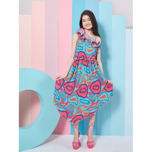 Pspeaches Girl's Abstract Printed One Shoulder Georgette Fit Flare Midi Green Dress Stylish Fashion (8-9Years)