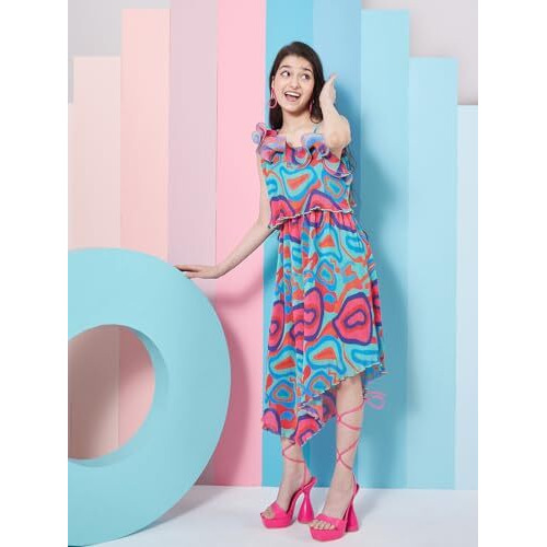 Pspeaches Girl's Abstract Printed One Shoulder Georgette Fit Flare Midi Green Dress Stylish Fashion (8-9Years)
