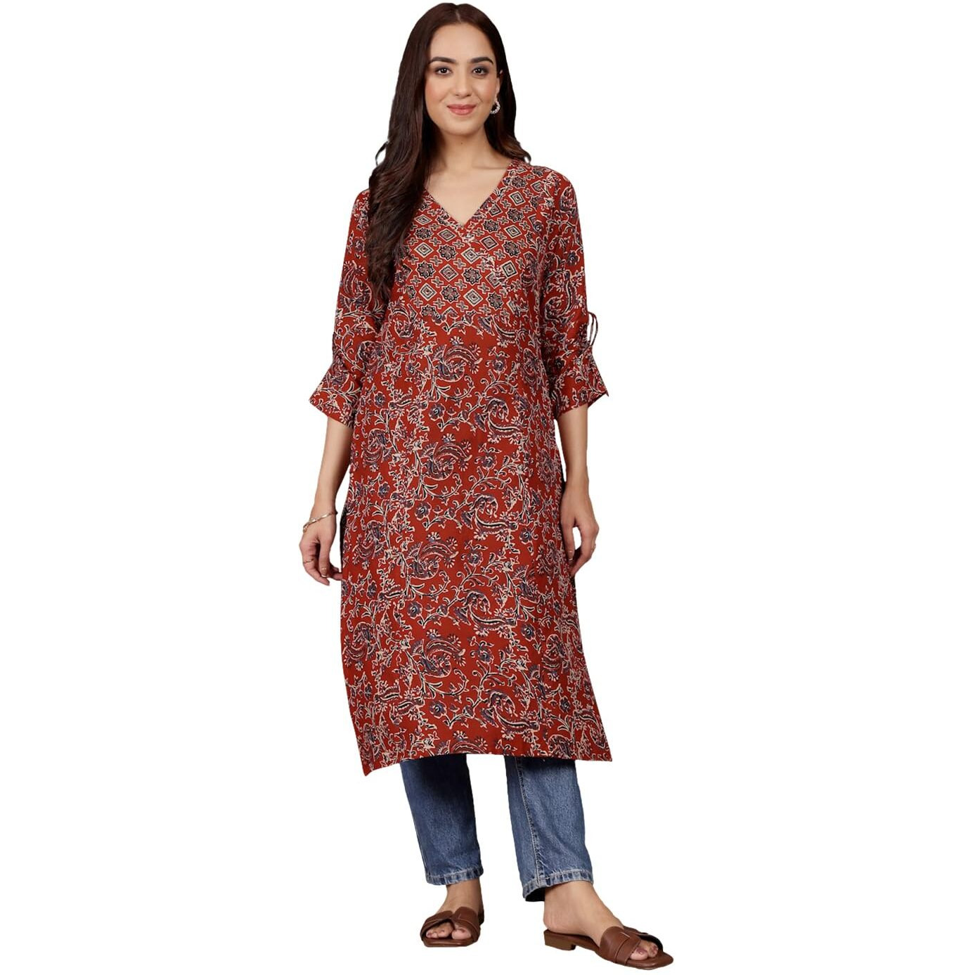 Varanga Women Ethnic Jaipuri Printed V Neck Fashion Sleeve Straight Kurta Red