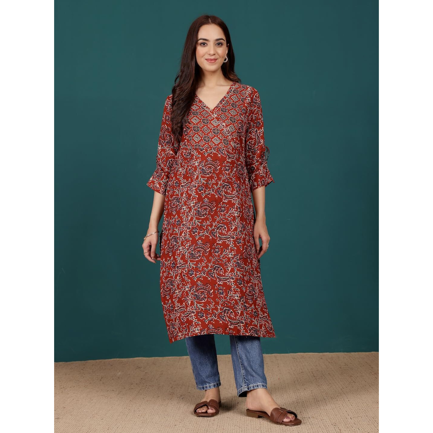 Varanga Women Ethnic Jaipuri Printed V Neck Fashion Sleeve Straight Kurta Red