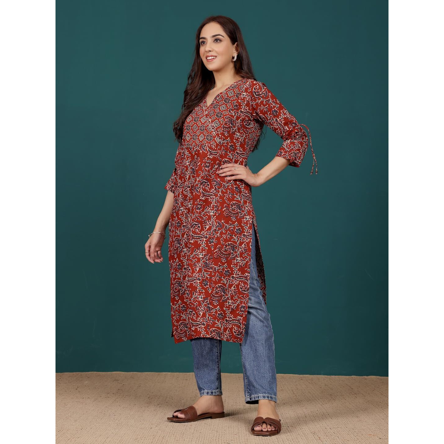 Varanga Women Ethnic Jaipuri Printed V Neck Fashion Sleeve Straight Kurta Red