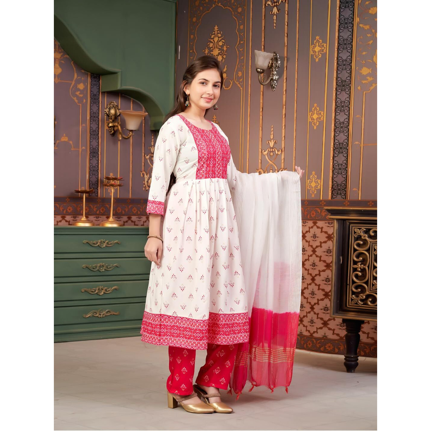 Aarika Girls Ethnic Wear Cream Rani Colour Foil Print Rayon Kurti-8-15 Years (Kurti-Ap-802)