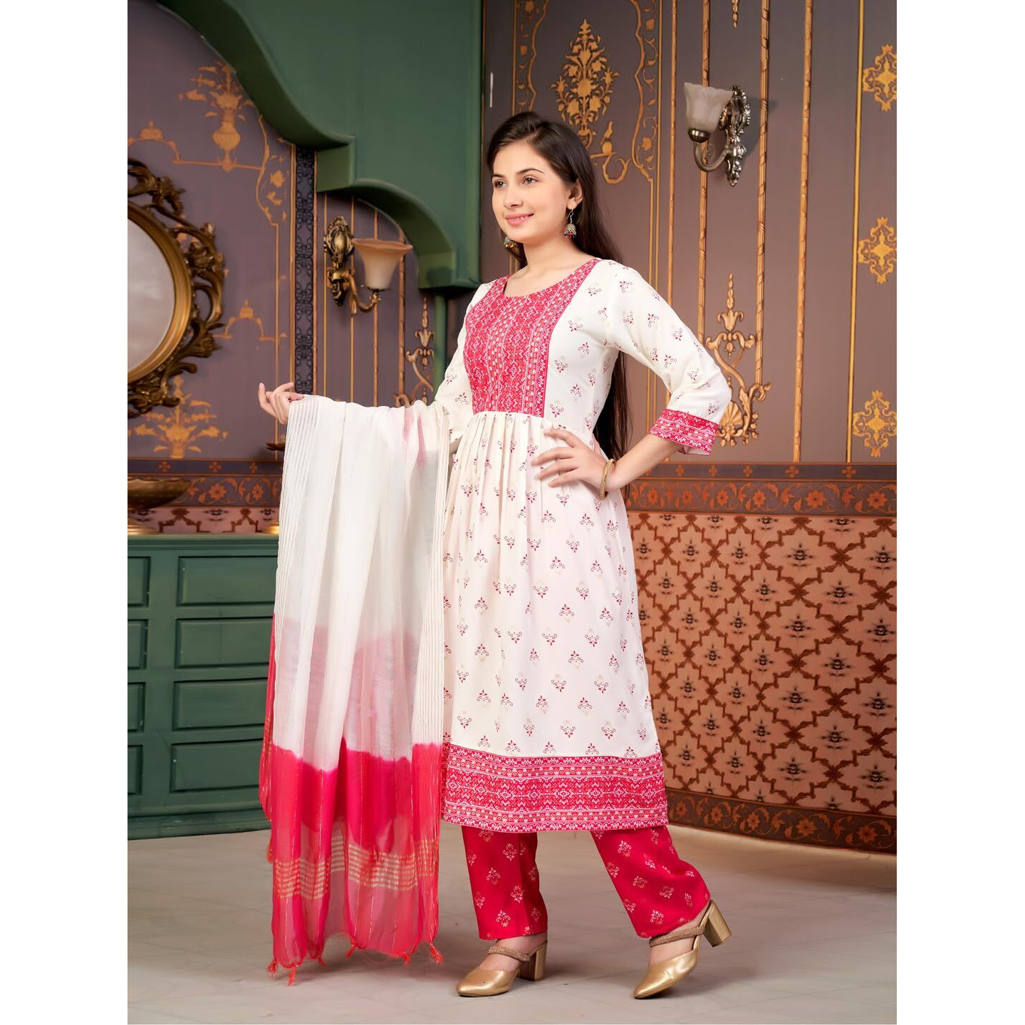 Aarika Girls Ethnic Wear Cream Rani Colour Foil Print Rayon Kurti-8-15 Years (Kurti-Ap-802)