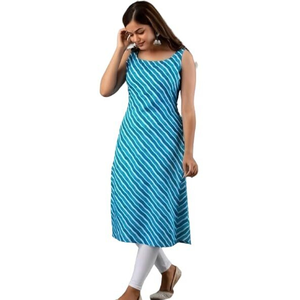 Patlani Women's A-Line-Calf Langth Sleeveless Crepe Kurti. Blue