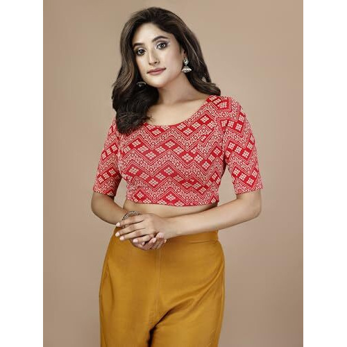 Oomph Women's Indian Ethnic Wear Designer Bandhani Wave Pattern Zari Work Boat Neck Half Sleeve Fire Red Color Lycra Readymade Blouse For Saree Or Lehnga And Fusion Twist. Xxl