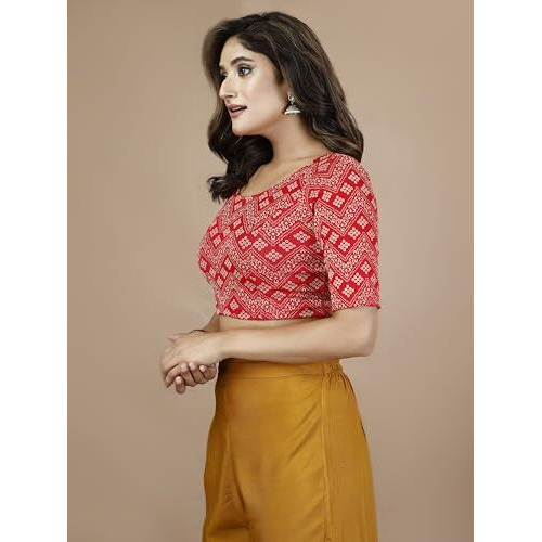 Oomph Women's Indian Ethnic Wear Designer Bandhani Wave Pattern Zari Work Boat Neck Half Sleeve Fire Red Color Lycra Readymade Blouse For Saree Or Lehnga And Fusion Twist. Xxl