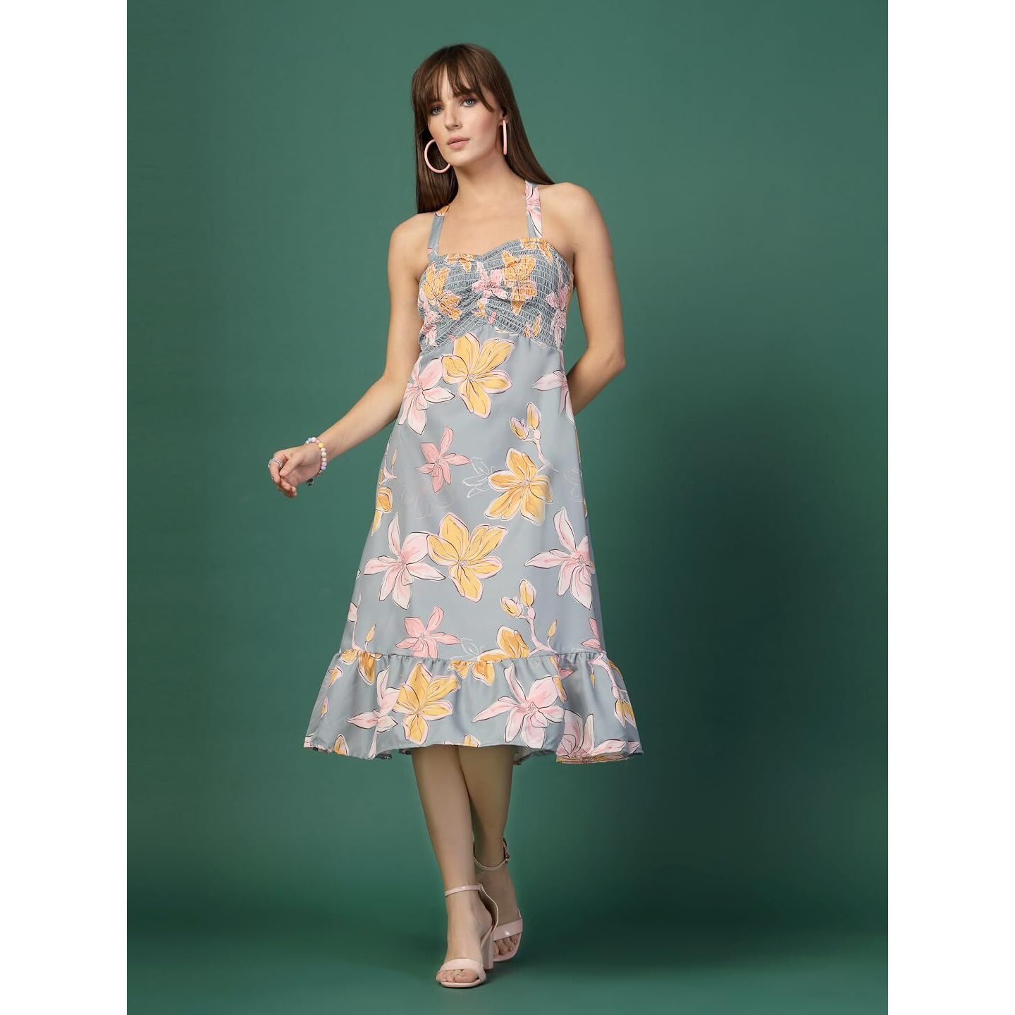Oomph Women's Western & Fusion Wear Printed Crepe Dress For Women, Smocked Bodice, Grey - Md1055