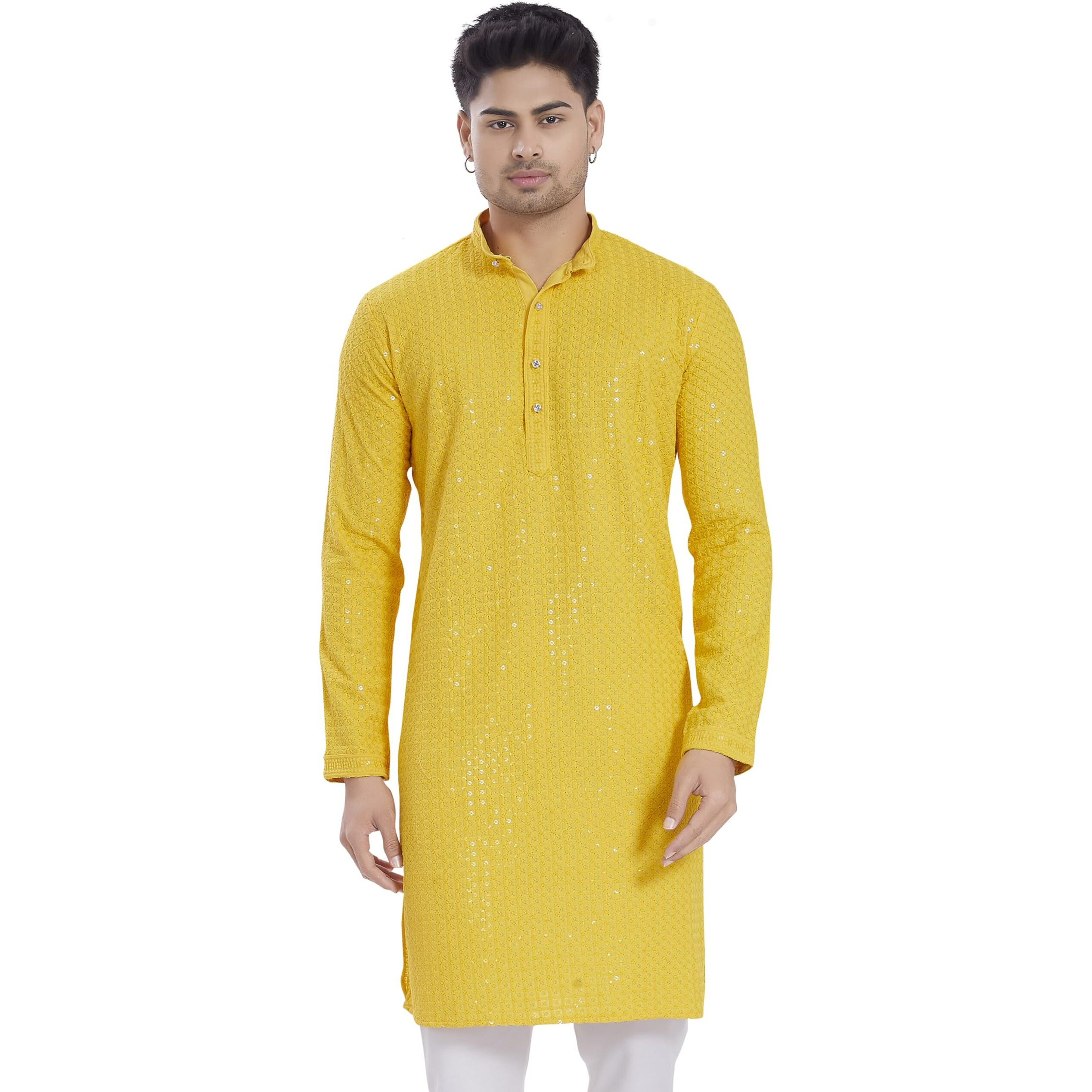 Divisive Men's Sequince Embroidered Cotton Blend Only Slim Fit Kurta (Dkrt1141_Xxl_Yellow)