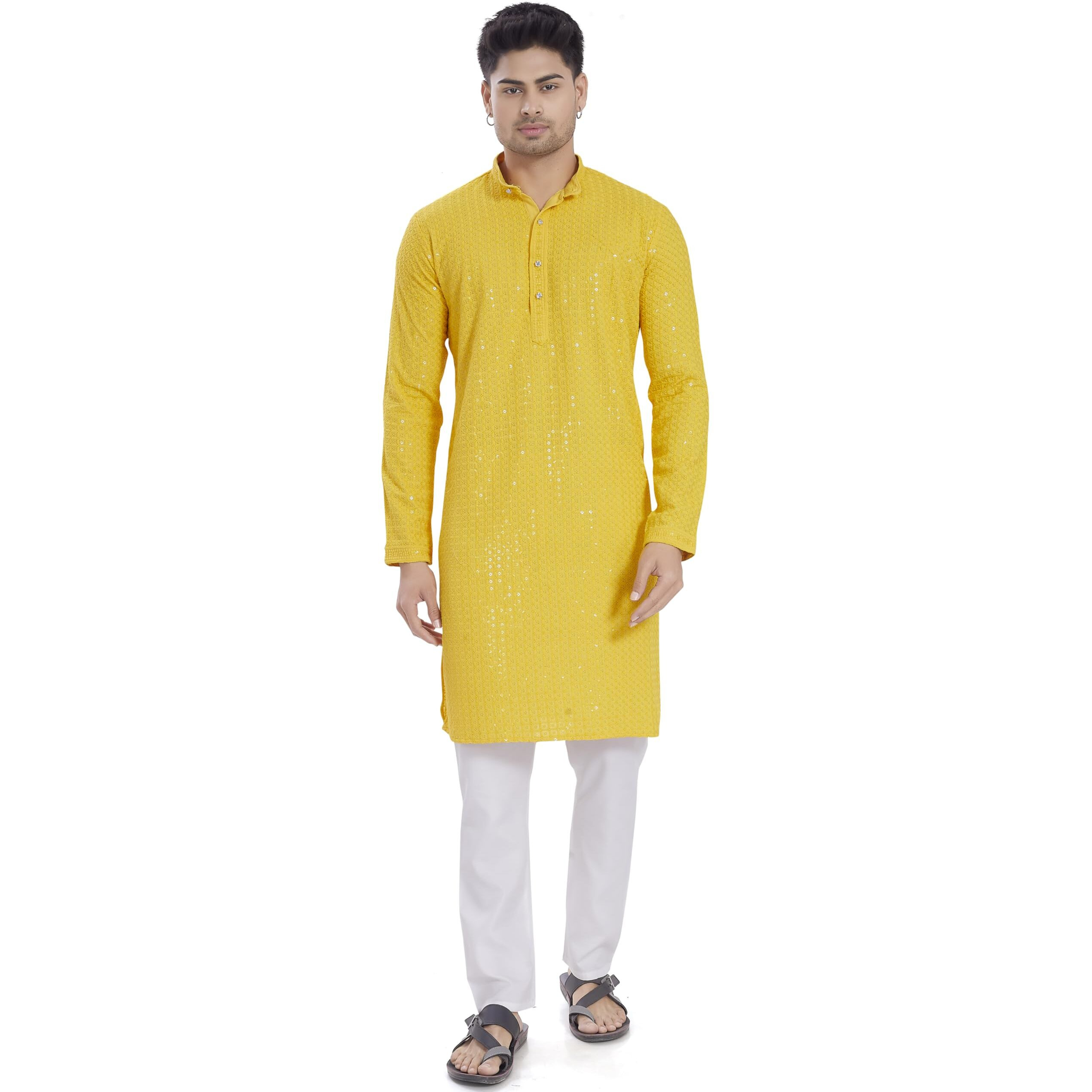 Divisive Men's Sequince Embroidered Cotton Blend Only Slim Fit Kurta (Dkrt1141_Xxl_Yellow)