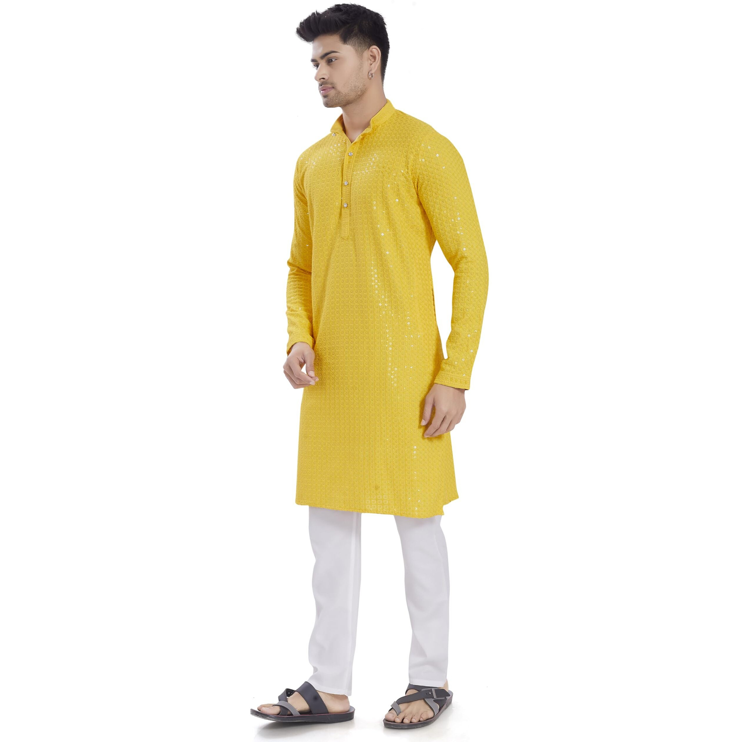 Divisive Men's Sequince Embroidered Cotton Blend Only Slim Fit Kurta (Dkrt1141_Xxl_Yellow)