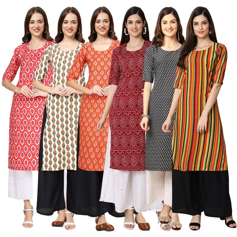 Pinkmint Women's Crepe Digital Print Straight Kurta [Pack Of 6](Mv-346-352-354-374-377-356-M)