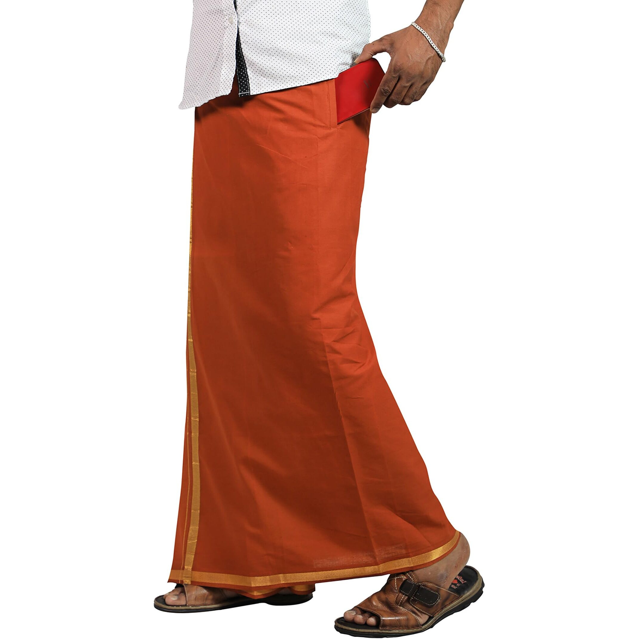 Prakasam Cotton Mens D.Kavi Colour Jari Cotton Flexi Size Welcro Pocket Dhoti (Jari-D.Kavi) -Large