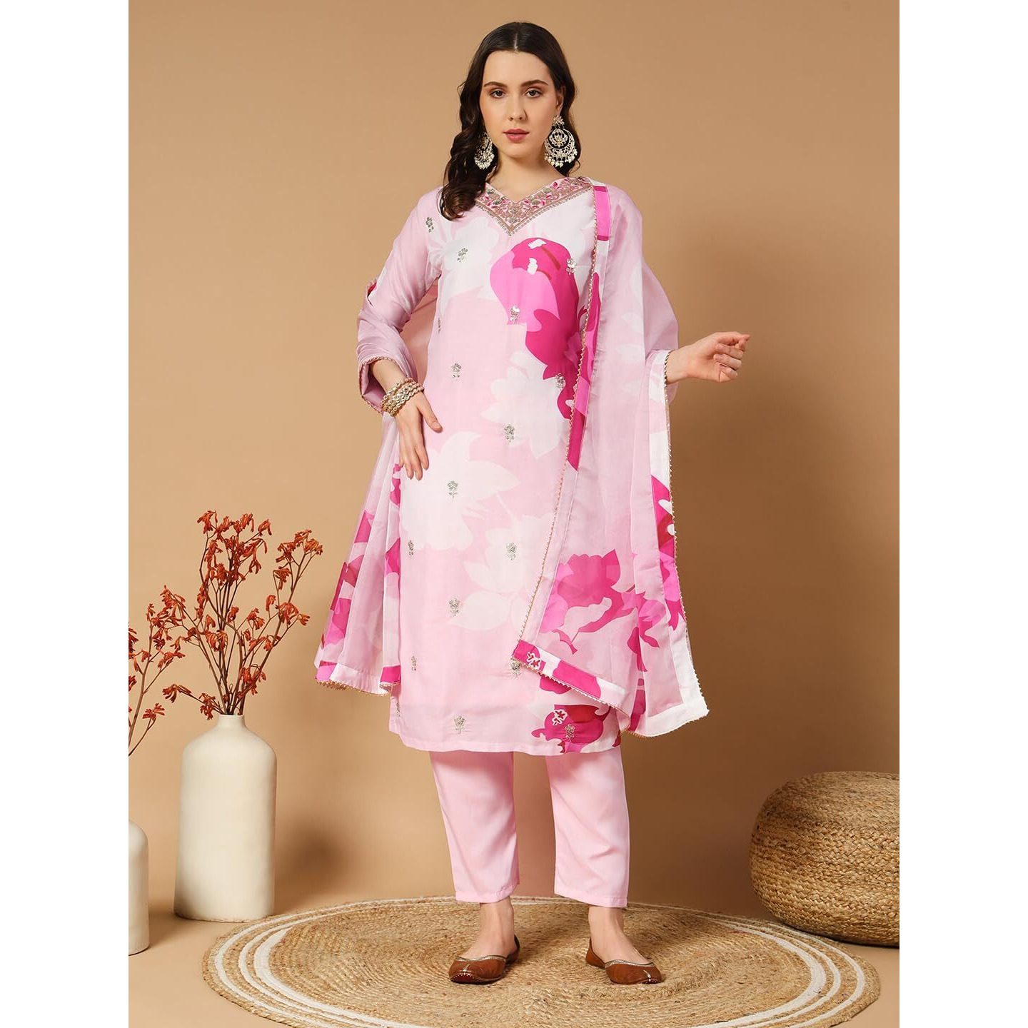 Gufrina Women's Crepe Kurta Pant With V Neck 3/4Th Sleeves Floral Printed Pattern Embroidery Work Regular Fit And Calf Length