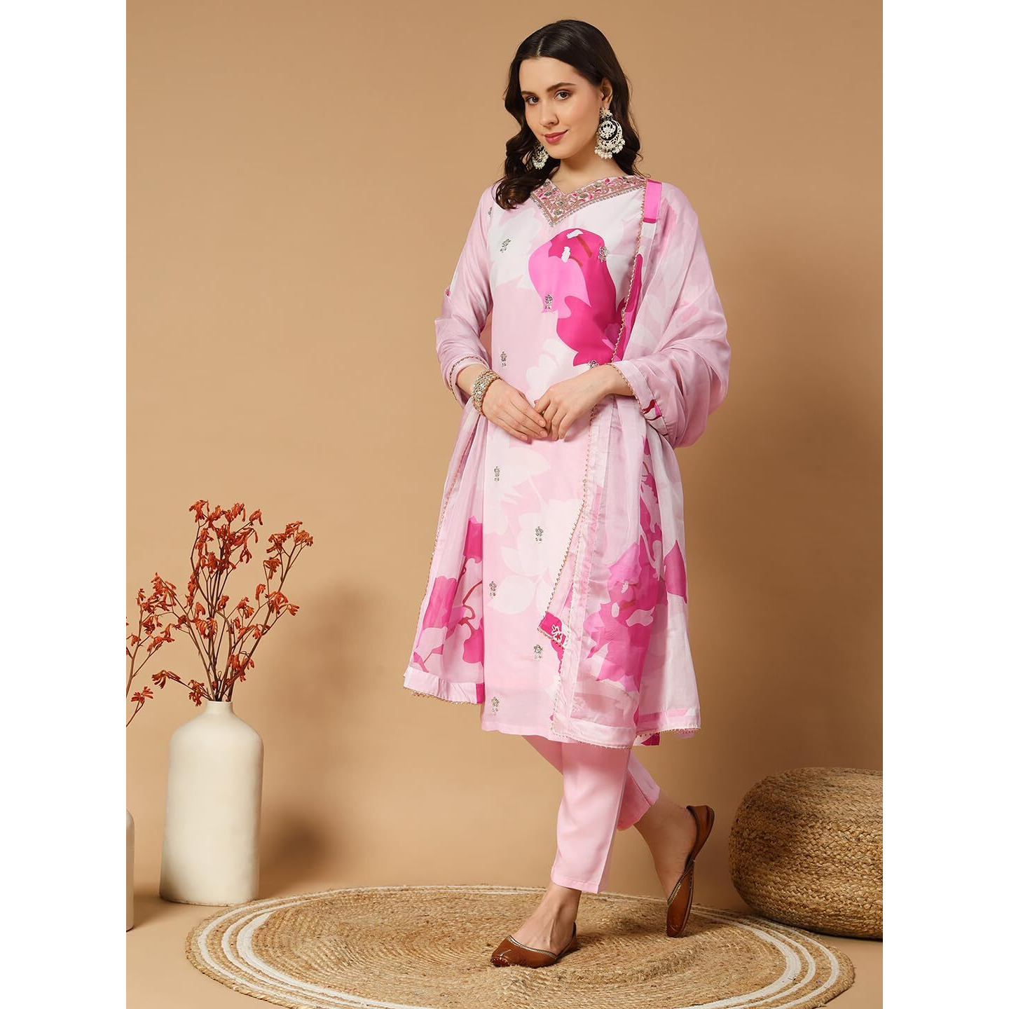 Gufrina Women's Crepe Kurta Pant With V Neck 3/4Th Sleeves Floral Printed Pattern Embroidery Work Regular Fit And Calf Length