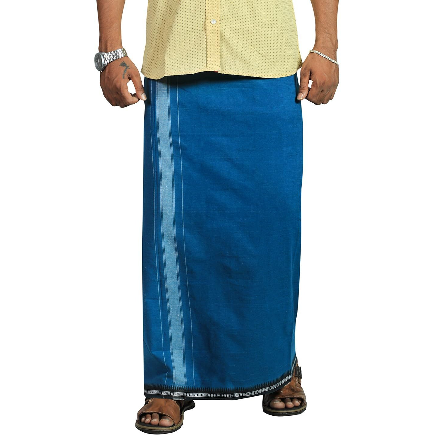 Prakasam Cotton Mens Cotton Kerala Thalapathi Border Welcro Pocket Dhoti (Size -S Size Dhoti) / Peacock Green Colour Thalapathi Adjustable Pocket Dhoties For Mens