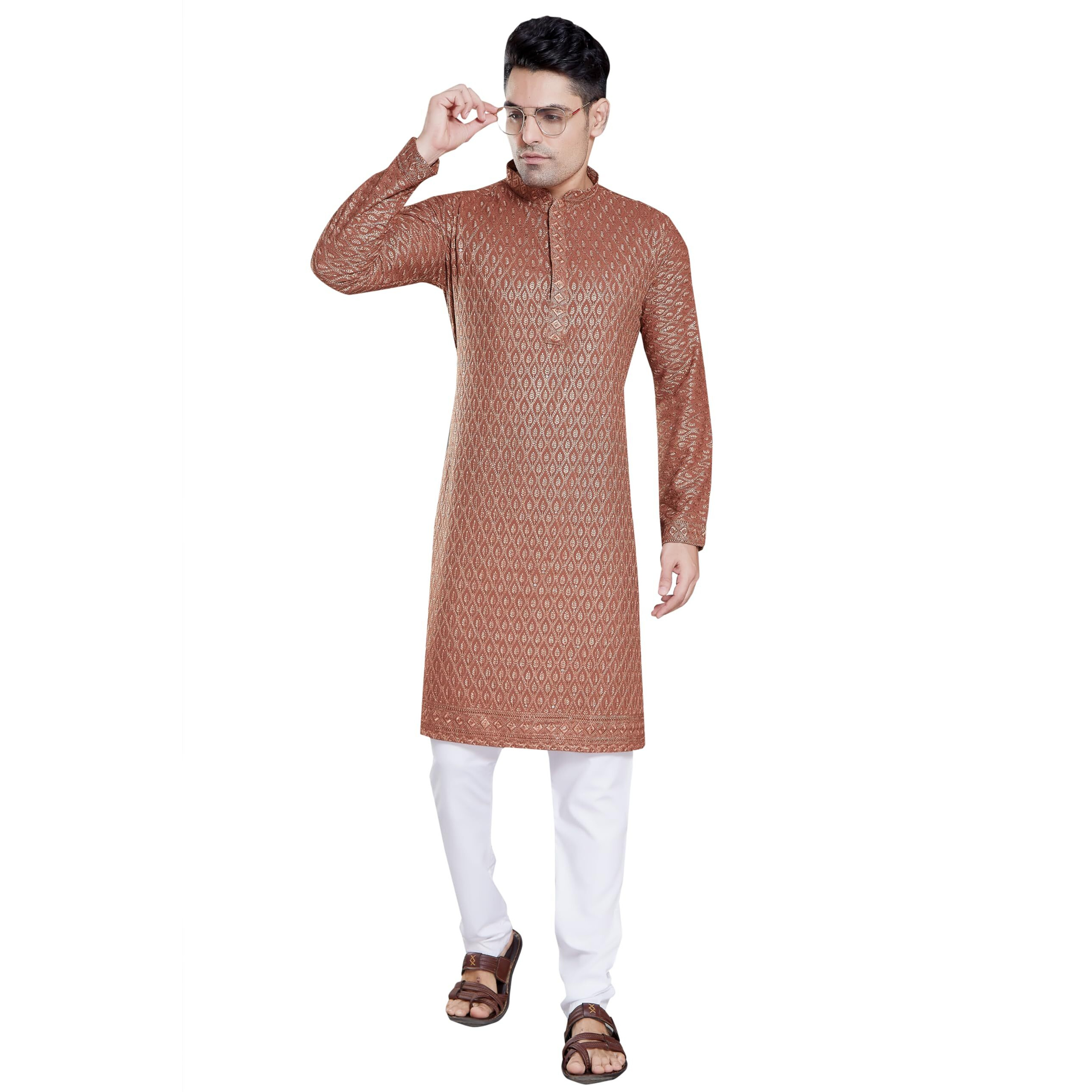 Divisive Men's Sequince Embroidered Cotton Blend Only Slim Fit Kurta (Dkrt110_S_Chiku)