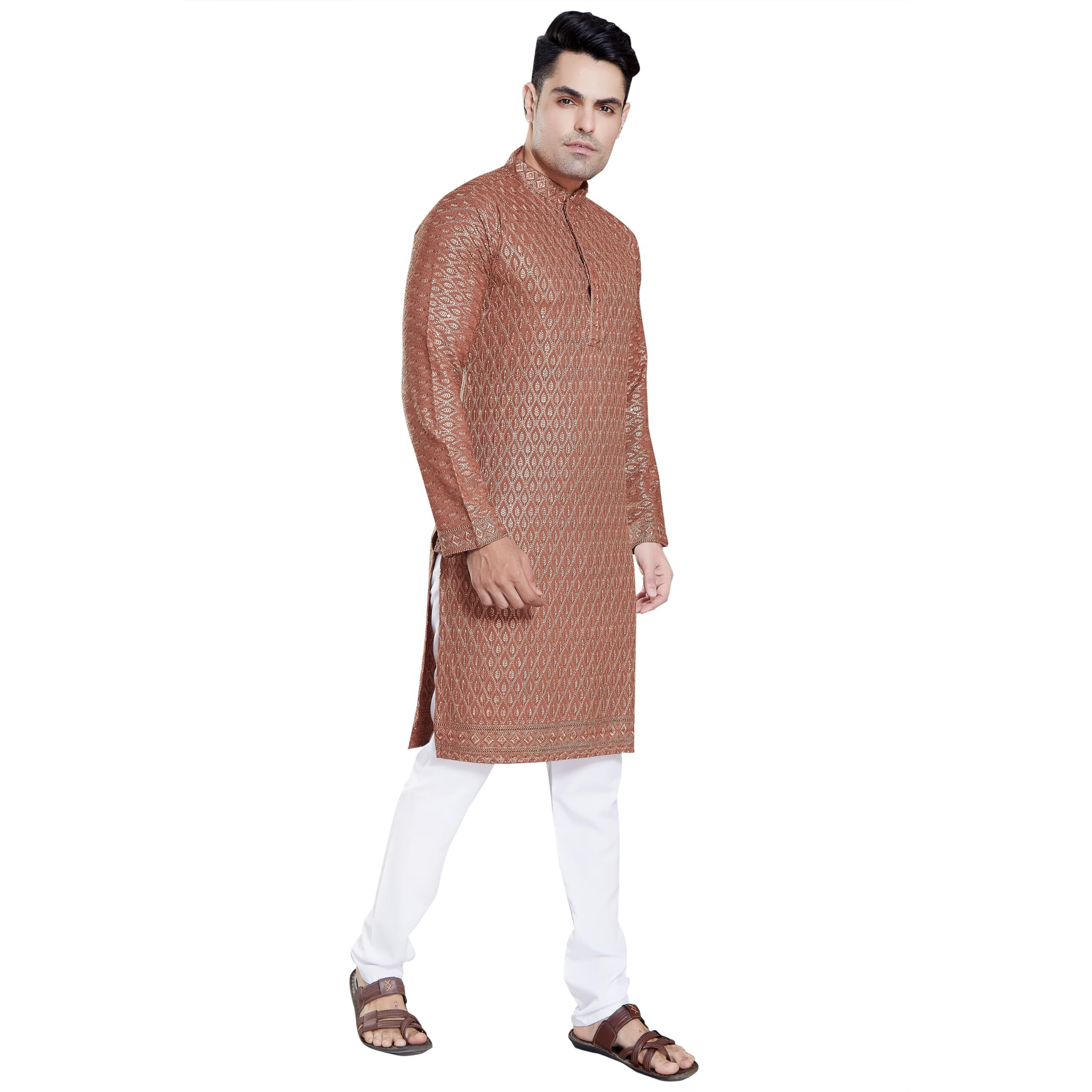 Divisive Men's Sequince Embroidered Cotton Blend Only Slim Fit Kurta (Dkrt110_S_Chiku)
