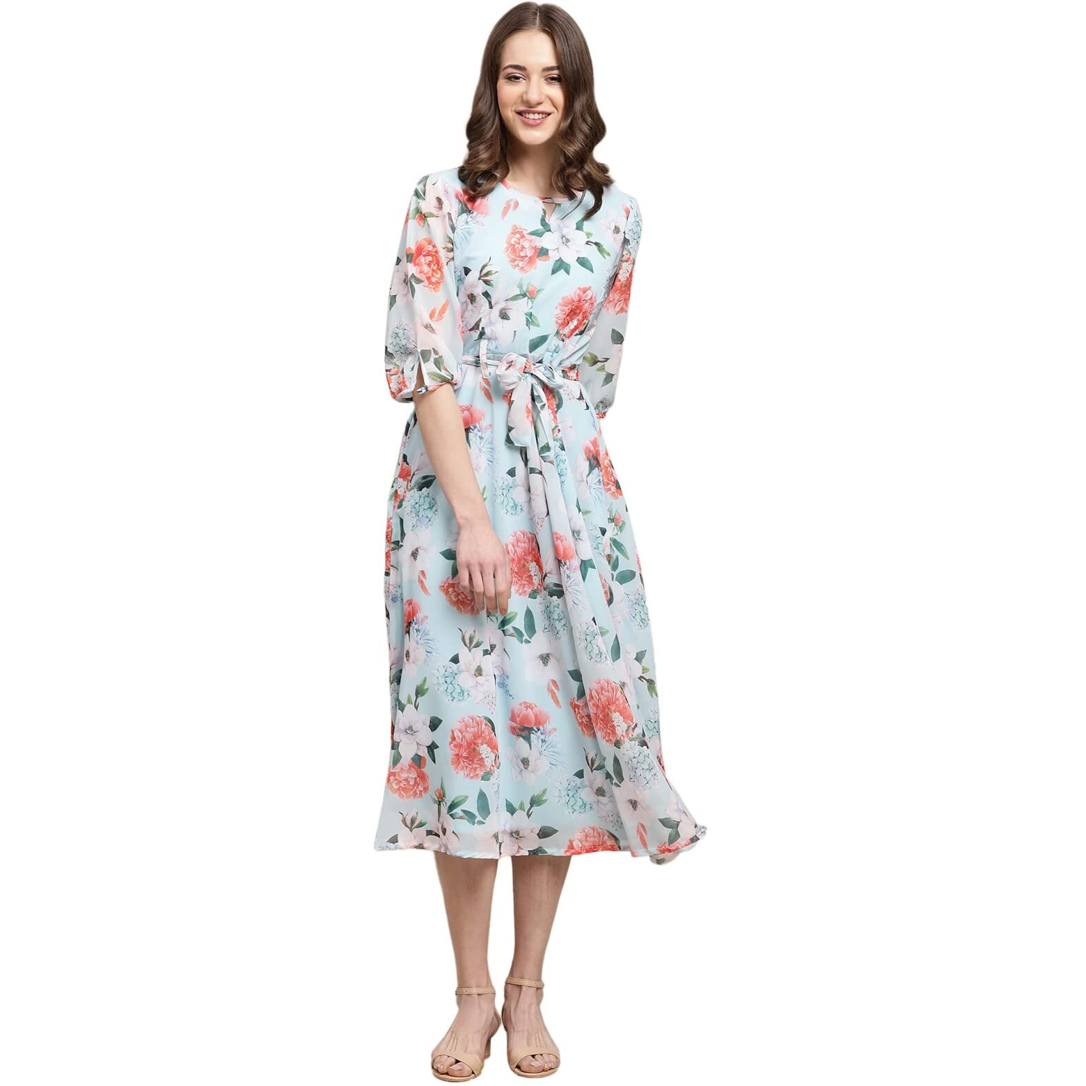 Preneum Women's Georgette A-Line Standard Length Dress (Maxi-01_Turquoise_S)