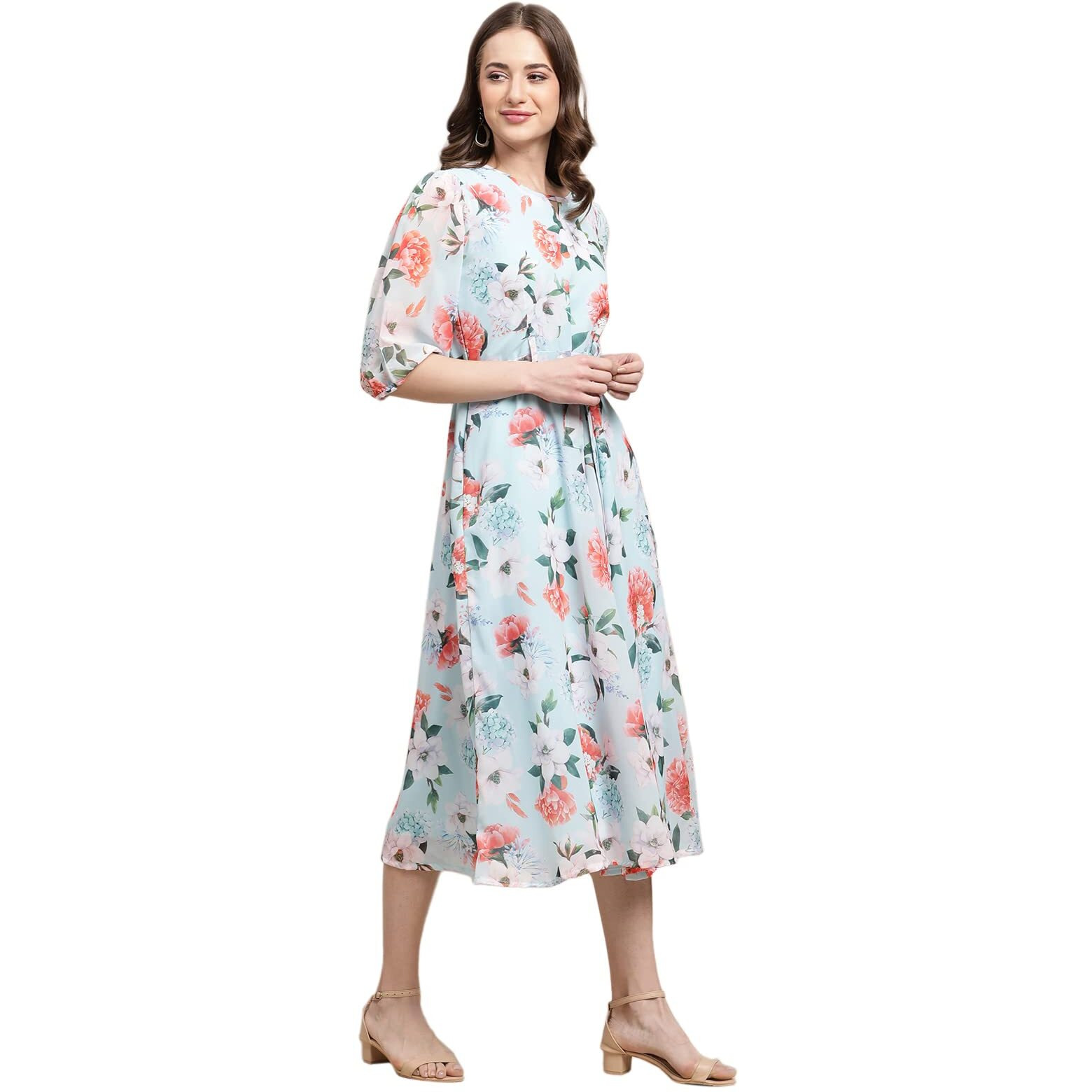 Preneum Women's Georgette A-Line Standard Length Dress (Maxi-01_Turquoise_S)