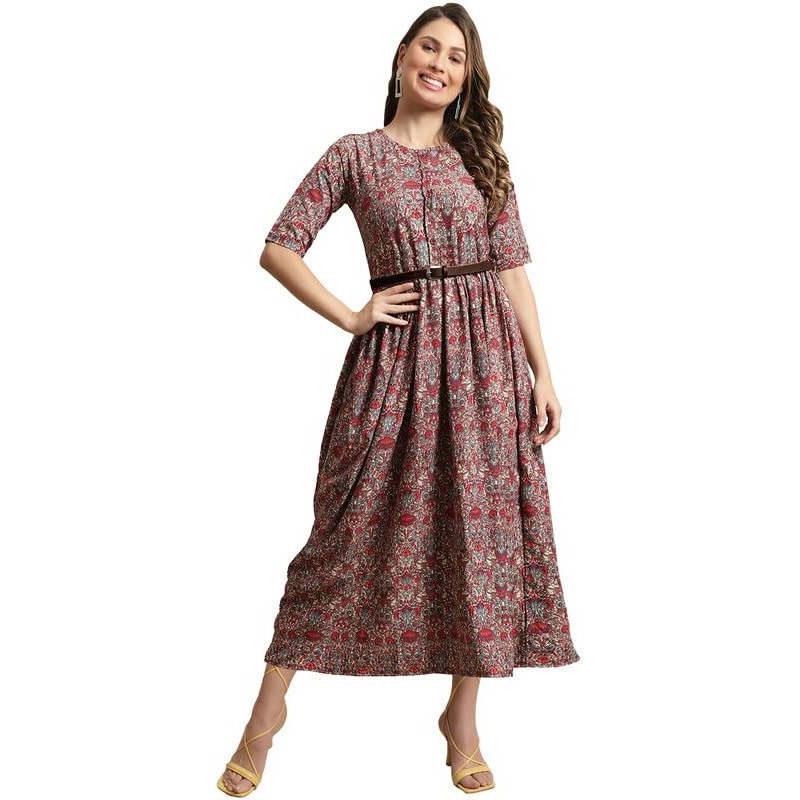 Preneum Women's Georgette Floral Printed 3/4 Slevees A-Line Fit & Flare Gown With Beltindo-Western Ethnic Gown || A-Line Maxi Dress Casual Wear || Fit & Flare Flared Hem Design, Radish, Xl