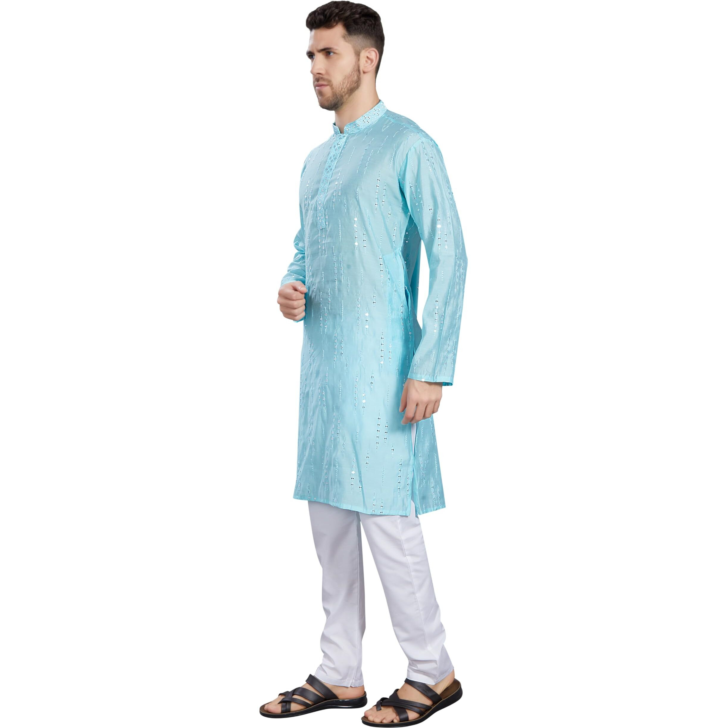 Divisive Men's Mirror Embroidered Silk Blend Only Slim Fit Kurta (Dkrt811_S_Sky)