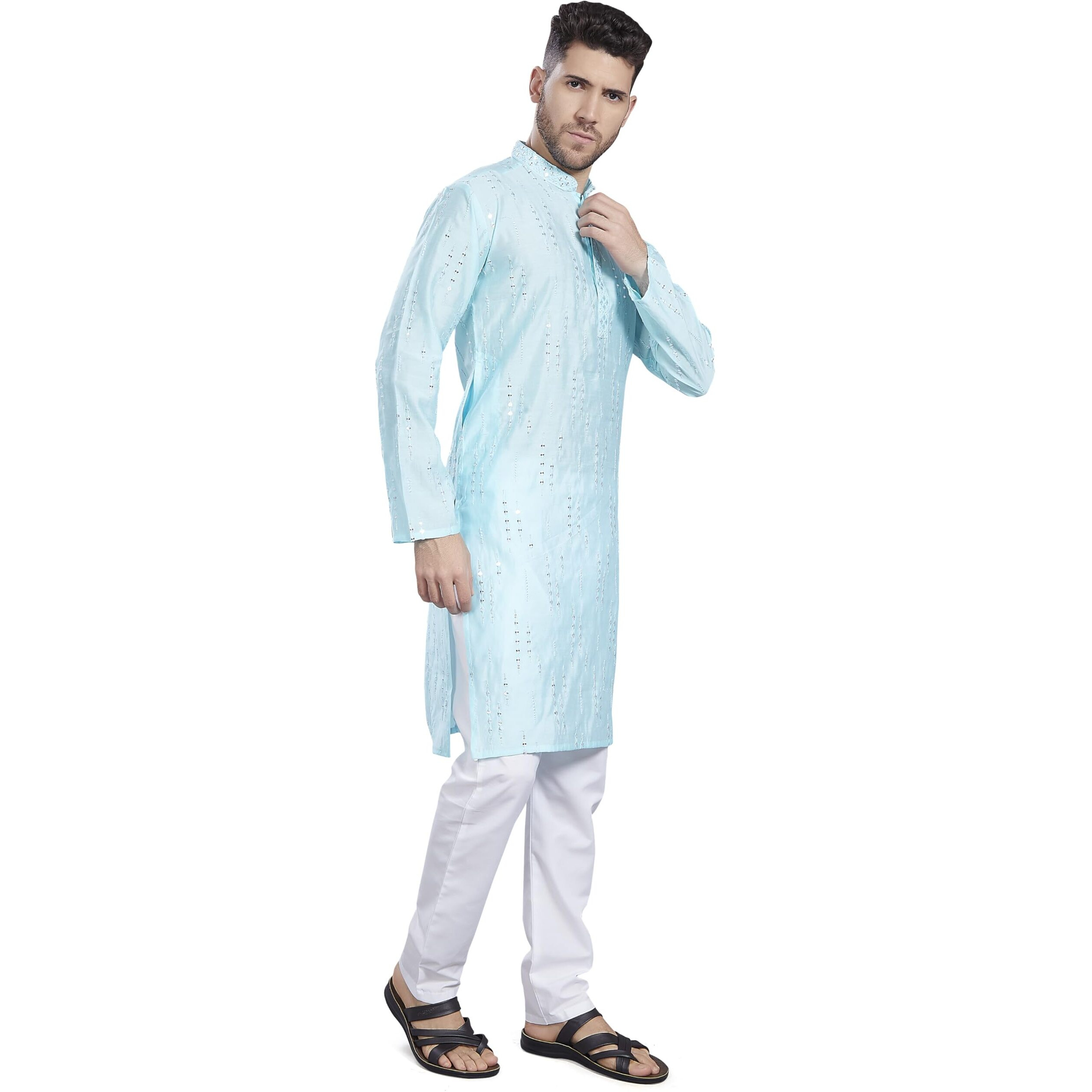 Divisive Men's Mirror Embroidered Silk Blend Only Slim Fit Kurta (Dkrt811_S_Sky)