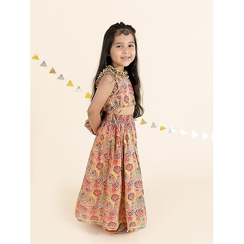 Pspeaches Girl's Coral Blue Printed Pure Cotton Ready To Wear Readymade Lehenga And Choli Set, (Orange-5-6Y)
