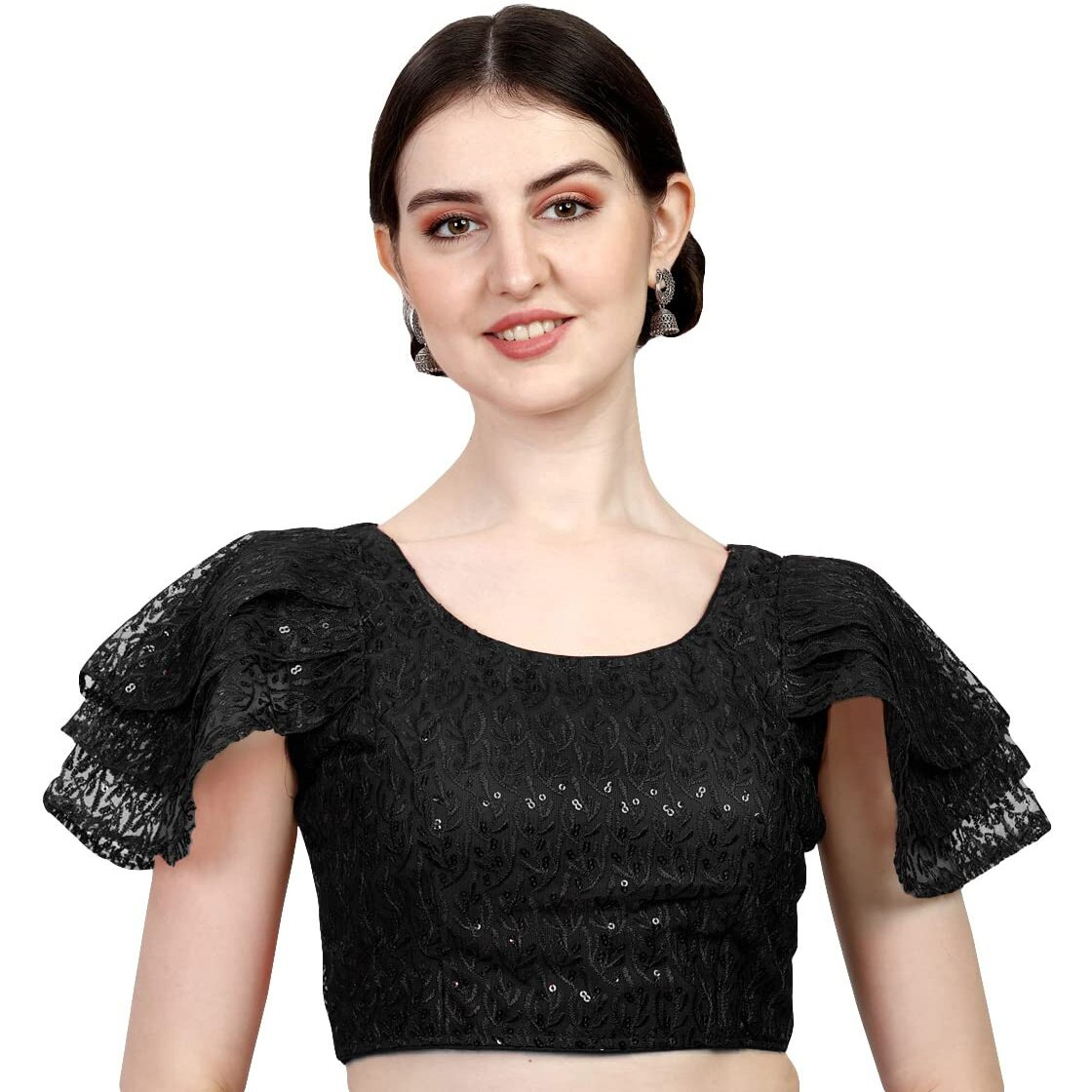 Pujia Mills Women's Shipali Net Work Ruffle Sleeve Readymade Saree Blouse (Black, 38)