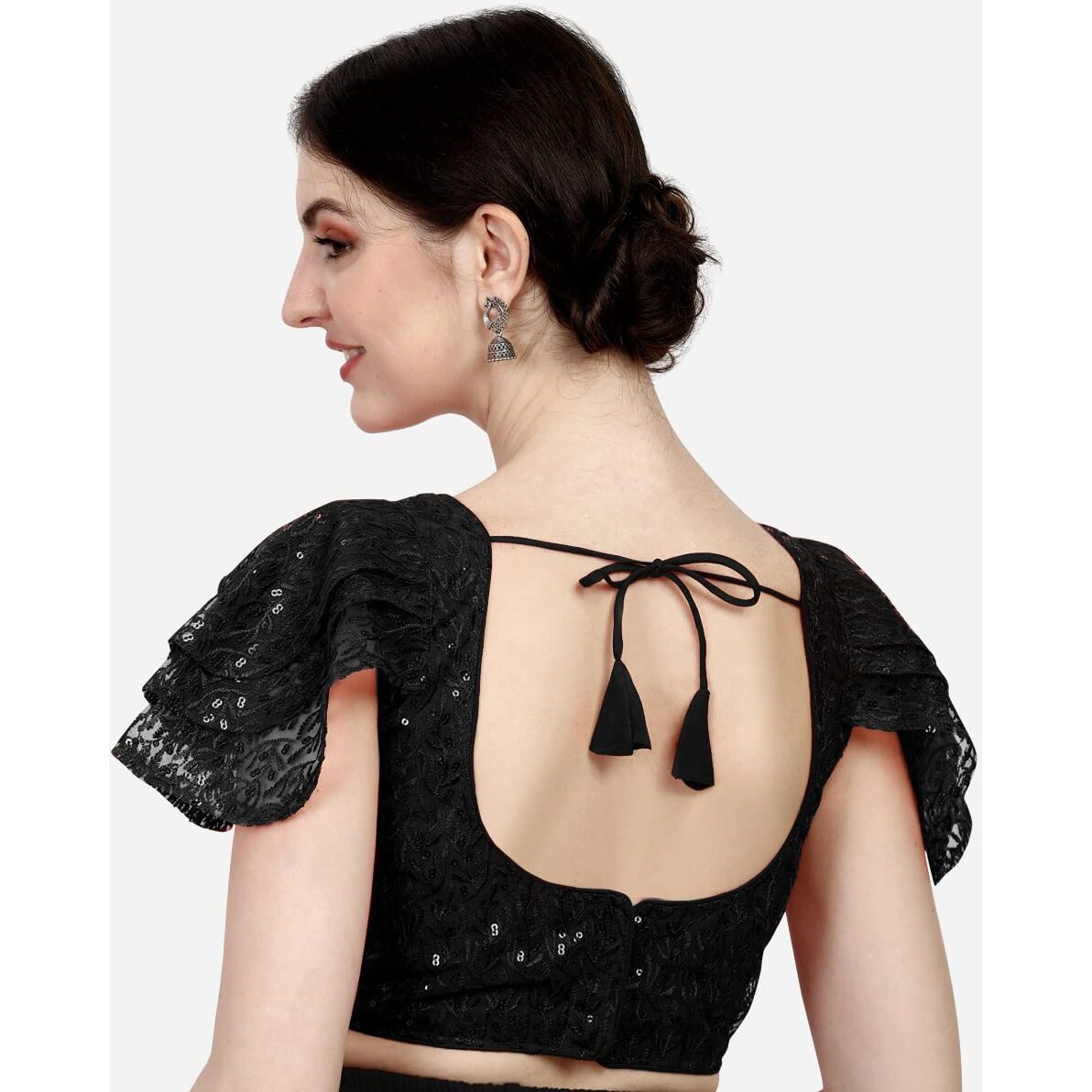 Pujia Mills Women's Shipali Net Work Ruffle Sleeve Readymade Saree Blouse (Black, 38)