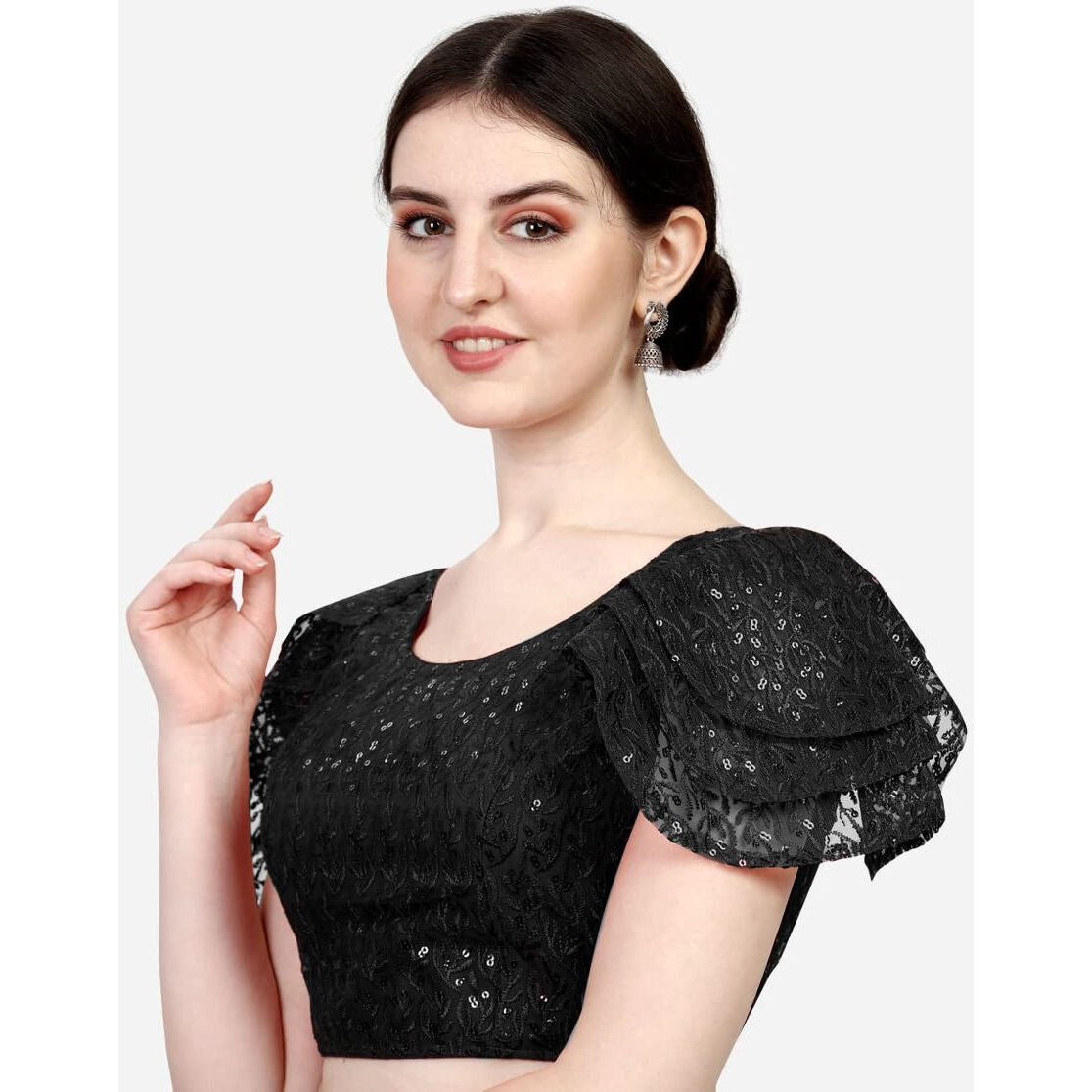 Pujia Mills Women's Shipali Net Work Ruffle Sleeve Readymade Saree Blouse (Black, 38)