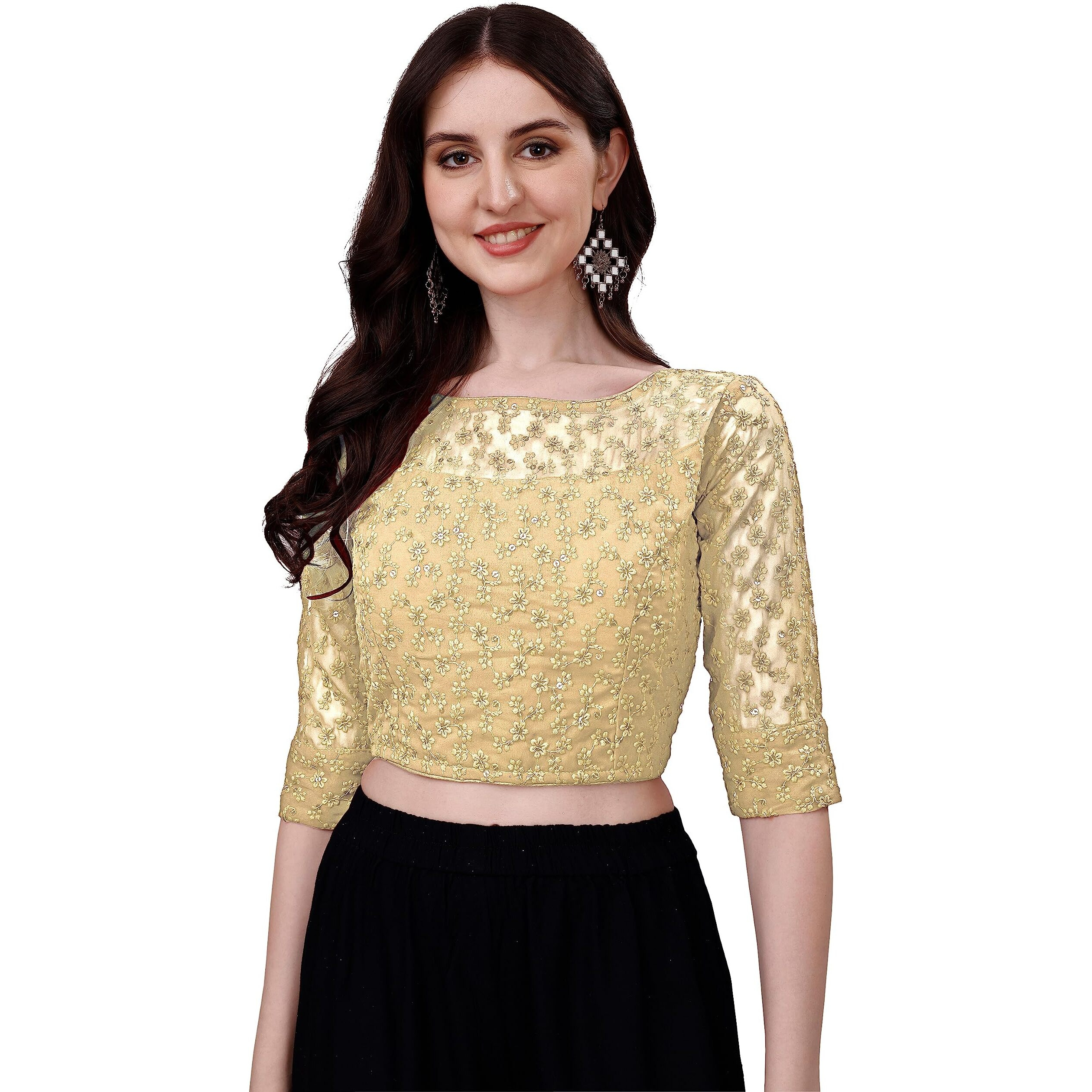 Pujia Mills Womens Readymade Fancy Sifli Work Half Sleeve Saree Blouse. (Cream, 34)