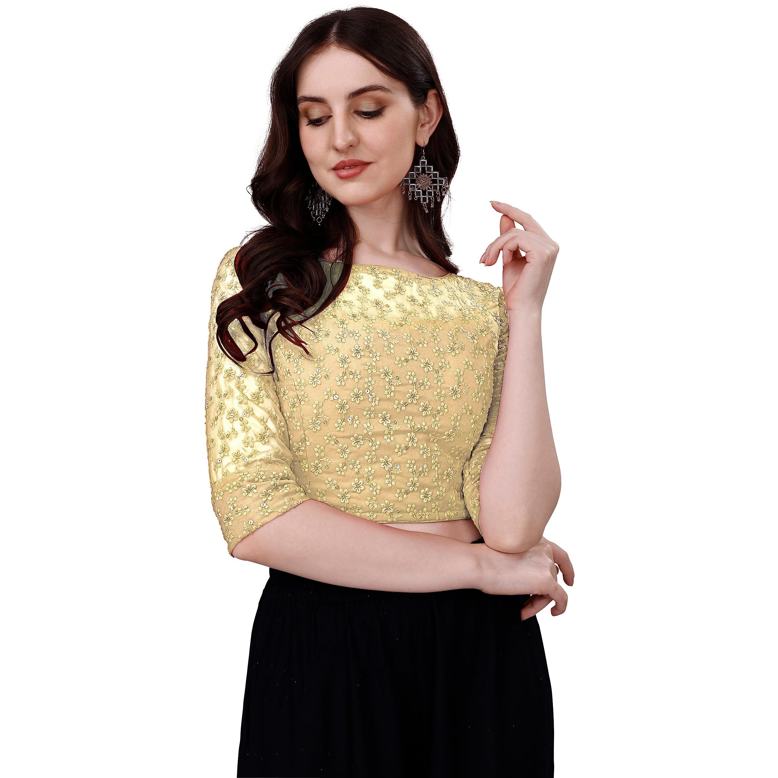 Pujia Mills Womens Readymade Fancy Sifli Work Half Sleeve Saree Blouse. (Cream, 34)