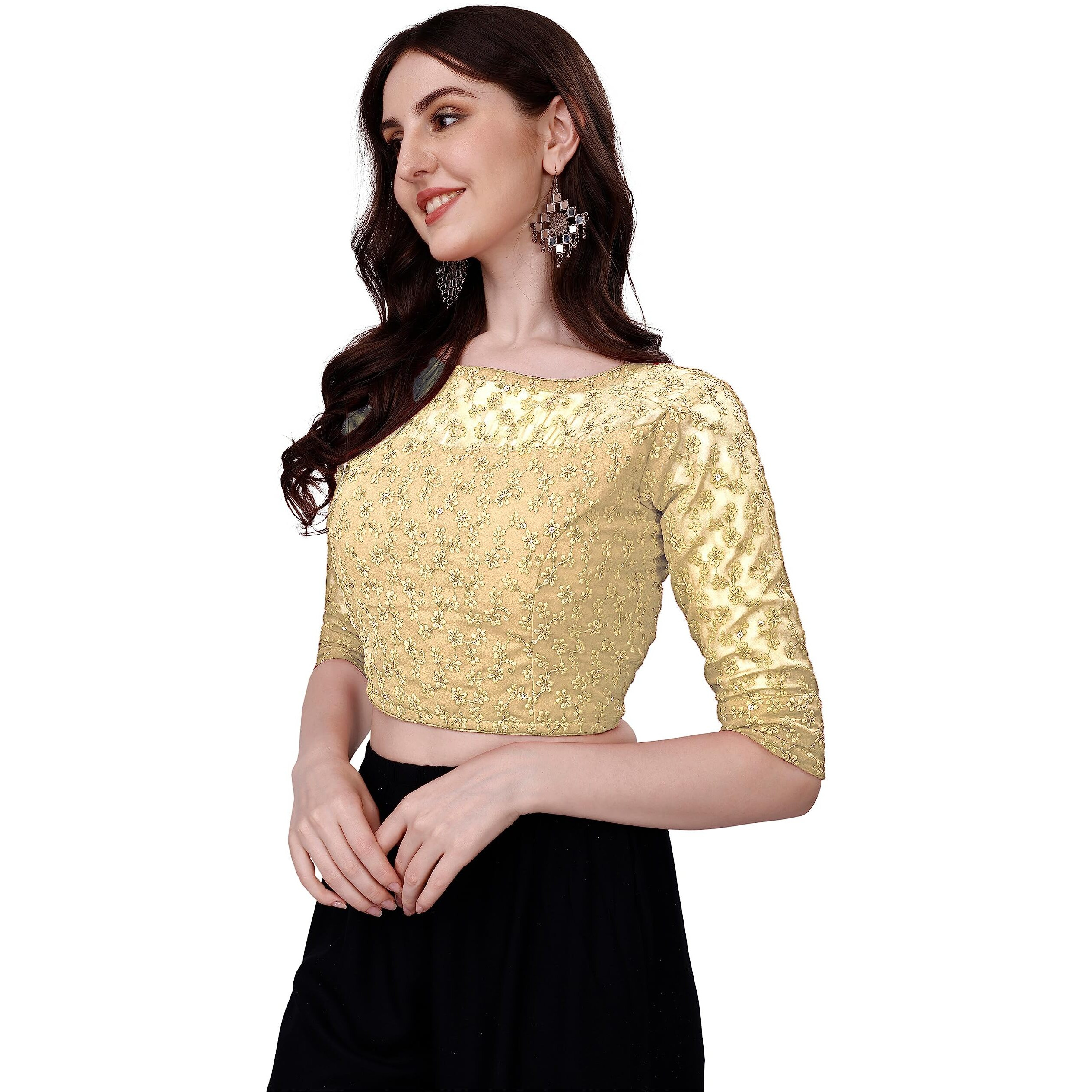 Pujia Mills Womens Readymade Fancy Sifli Work Half Sleeve Saree Blouse. (Cream, 34)