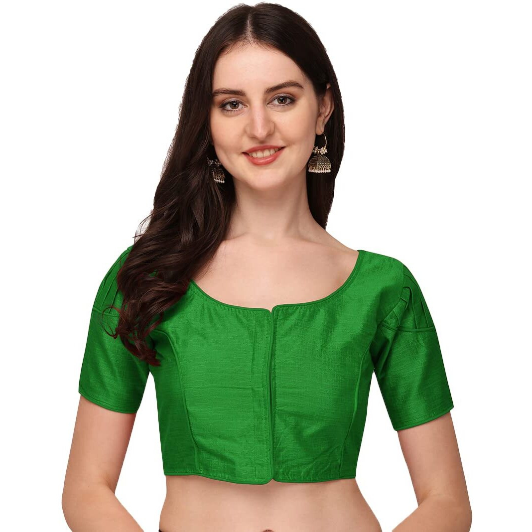 Pujia Mills Women's Silk Puff Sleeve Readymade Saree Blouse (Puffy_Green_38)