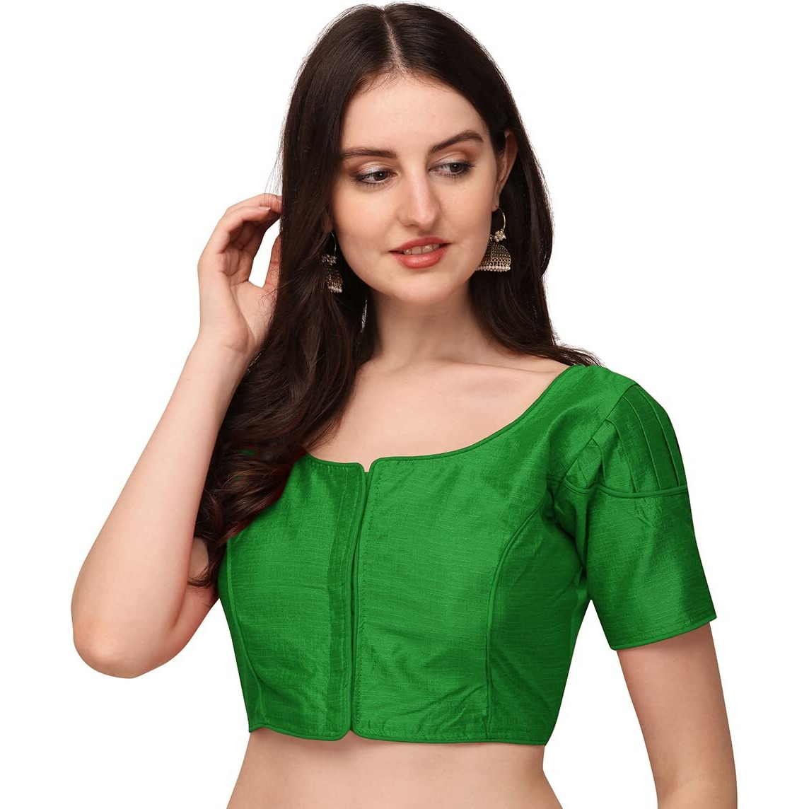 Pujia Mills Women's Silk Puff Sleeve Readymade Saree Blouse (Puffy_Green_38)