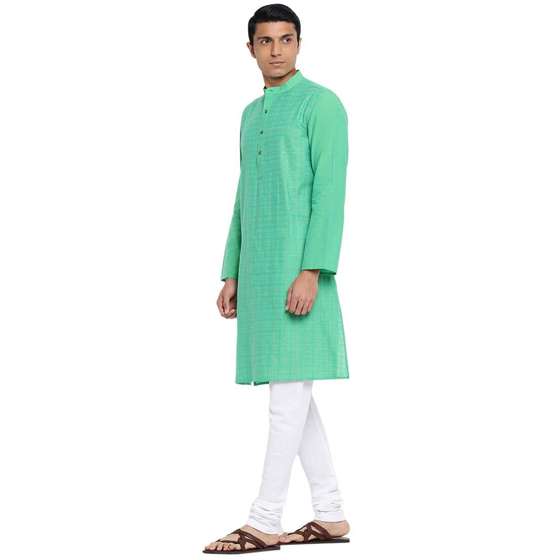 Fabindia Men Cotton Long Kurta Comfort Fit Green_M
