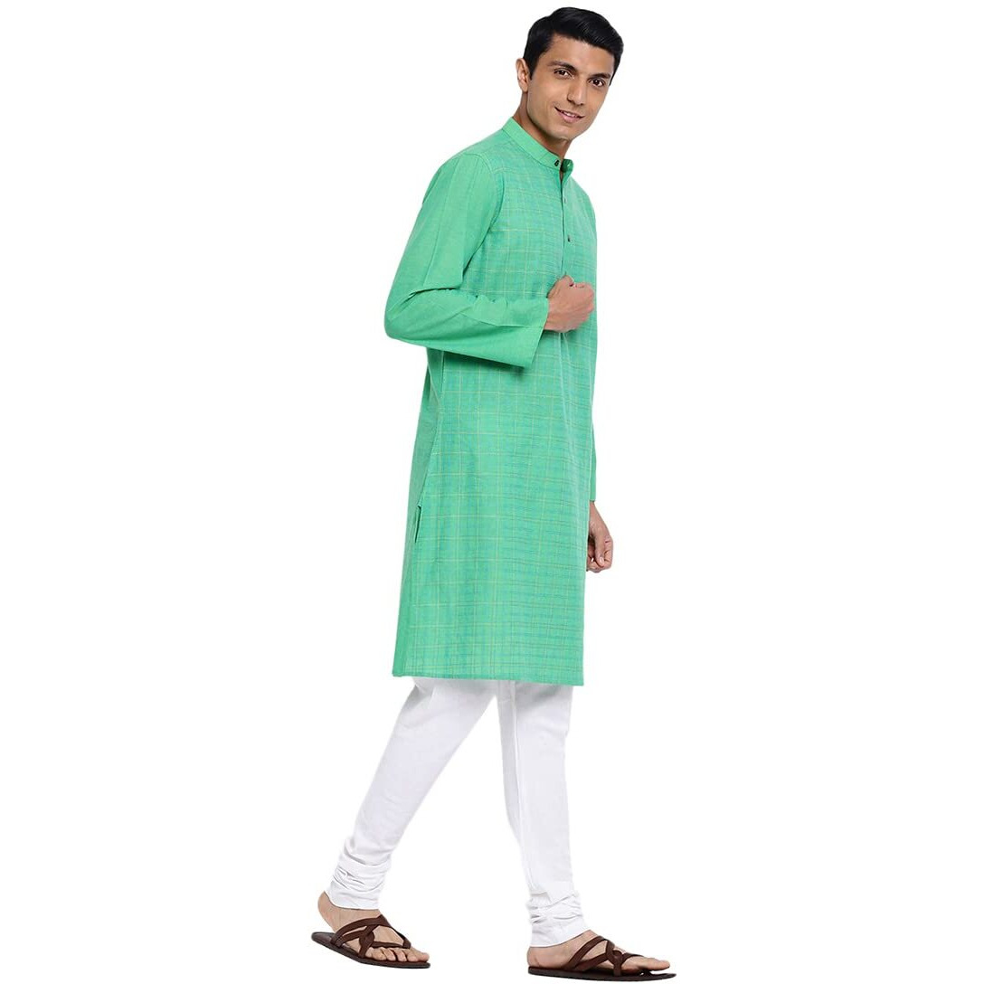 Fabindia Men Cotton Long Kurta Comfort Fit Green_M
