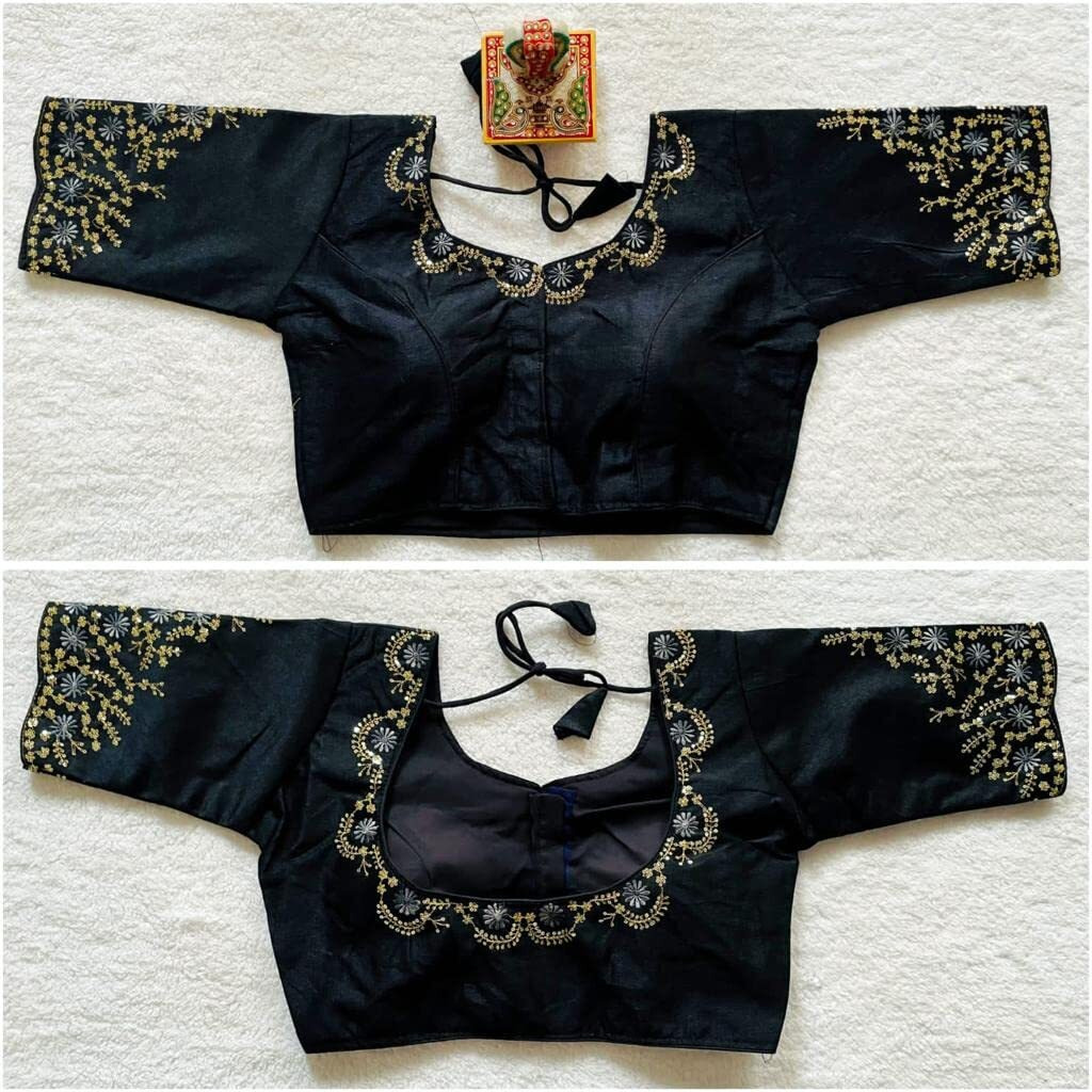 Pujia Mills Women's Silk Embroidery Sequence Work Half Sleeve Readymade Blouse (Black, 34)