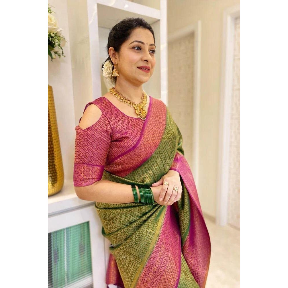Flosive Women's Present Banarasi Soft Lichi Silk Saree Beautiful Jacquard Rich Pallu Design Work Zari Woven Kanjivaram Silk Style Saree With Soft Lichi Silk Blouse Piece Ayn Royal Multi C (Green)